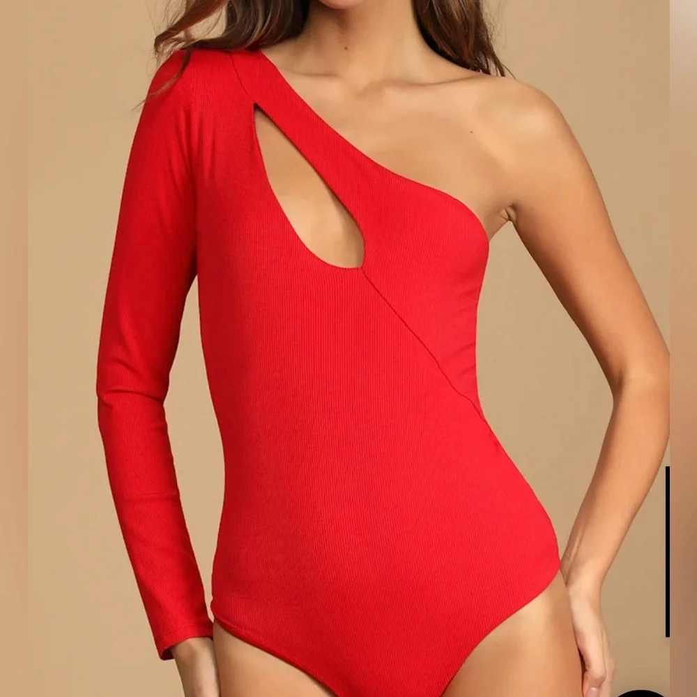 Lulus Make a Slash Red Ribbed One-Shoulder Long Sleeve Bodysuit XS - Picture 3 of 9